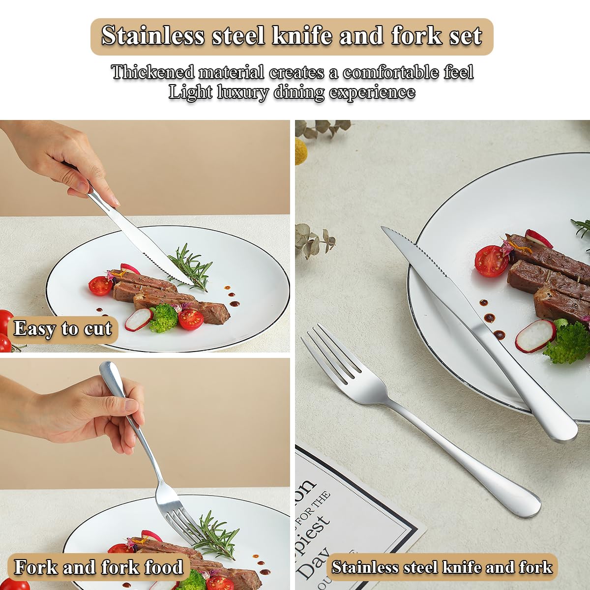 Evanda Set di coltelli da bistecca 24 pezzi, set 12 forchette in acciaio inox e 12 set coltelli da cena, coltelli da bistecca Forchette da bistecca, lavabile in lavastoviglie