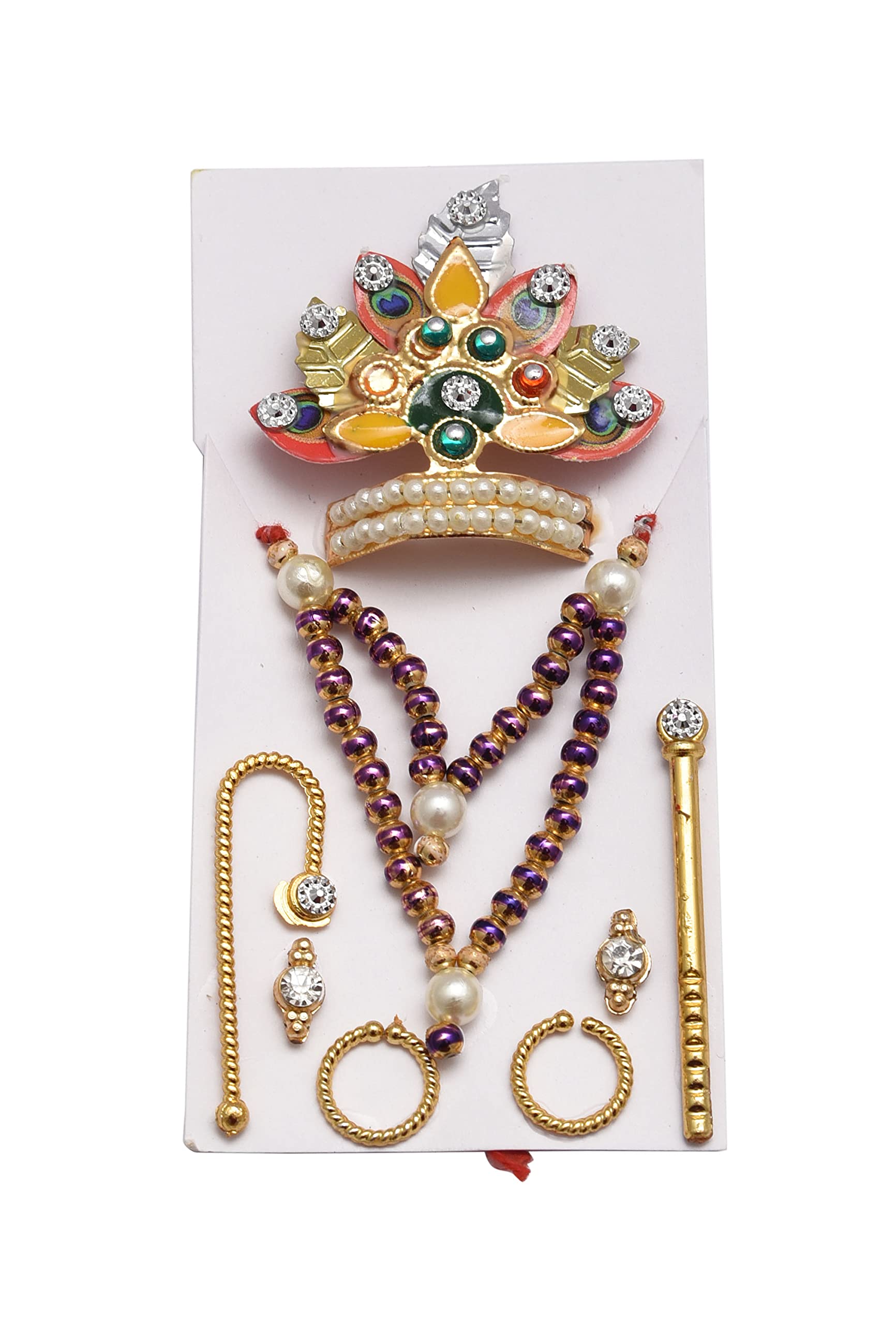 Spiritual World Ladoo Gopal Krishana Mukut, Mala and Earring Bansuri Set Desgin #2, Purple