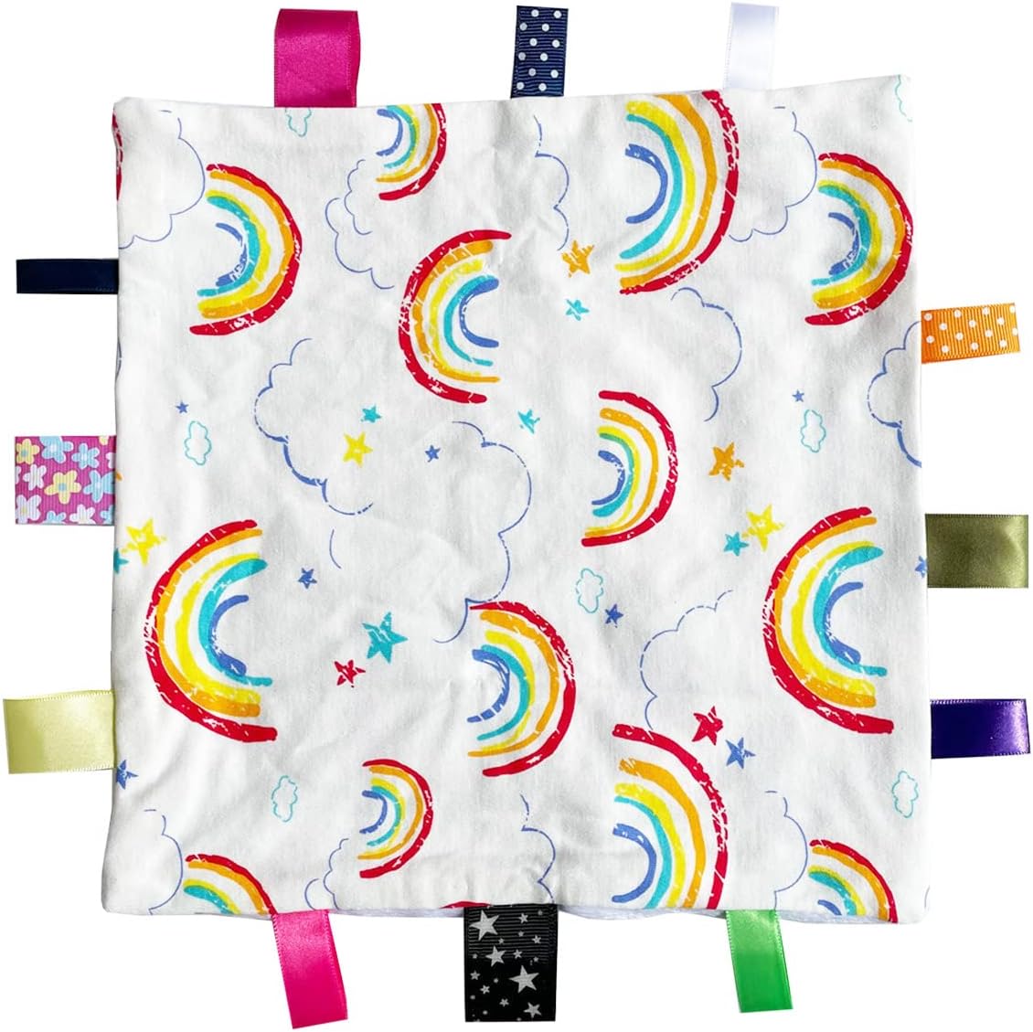 Eyands (Fast Delivery) White Rainbow Tag Blanket - Cotton and Plush Cute Label Blanket, Soft Taggy Security Blanket