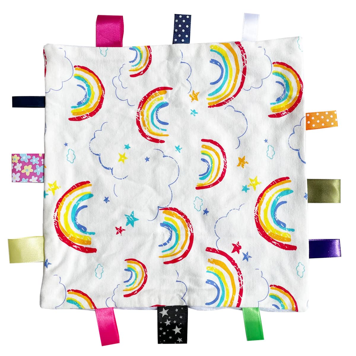 Eyands (Fast Delivery) White Rainbow Tag Blanket - Cotton and Plush Cute Label Blanket, Soft Taggy Security Blanket