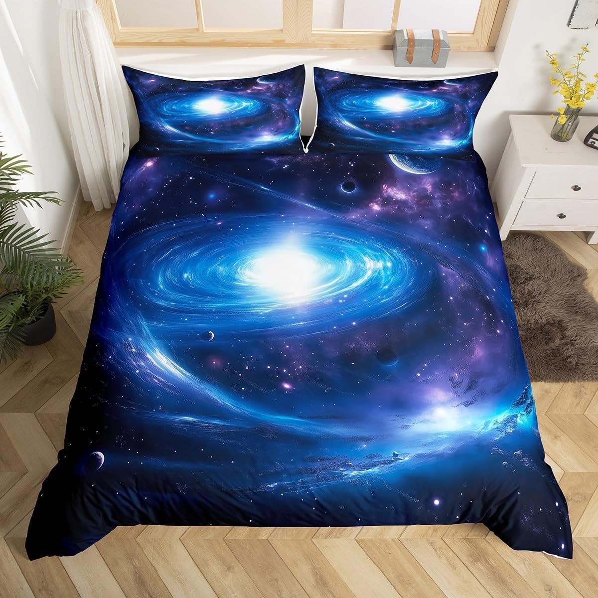 jejeloiu Cartoon Solar System Duvet Cover Toddler Size Kids Rocket Universe Planets Comforter Cover Set for Boys Girls Teens Galaxy Bedding Set Breathable Outer Space Bedspread Cover Star Quilt Cover