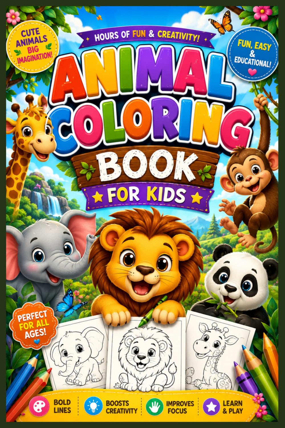 Cute Animal Coloring Book for Kids Ages 3-8 Fun, Easy and Educational Coloring Pages with Lion, Elephant, Panda, Monkey, Giraffe and More: Easy and ... Coloring Pages for Preschool and Kindergarten