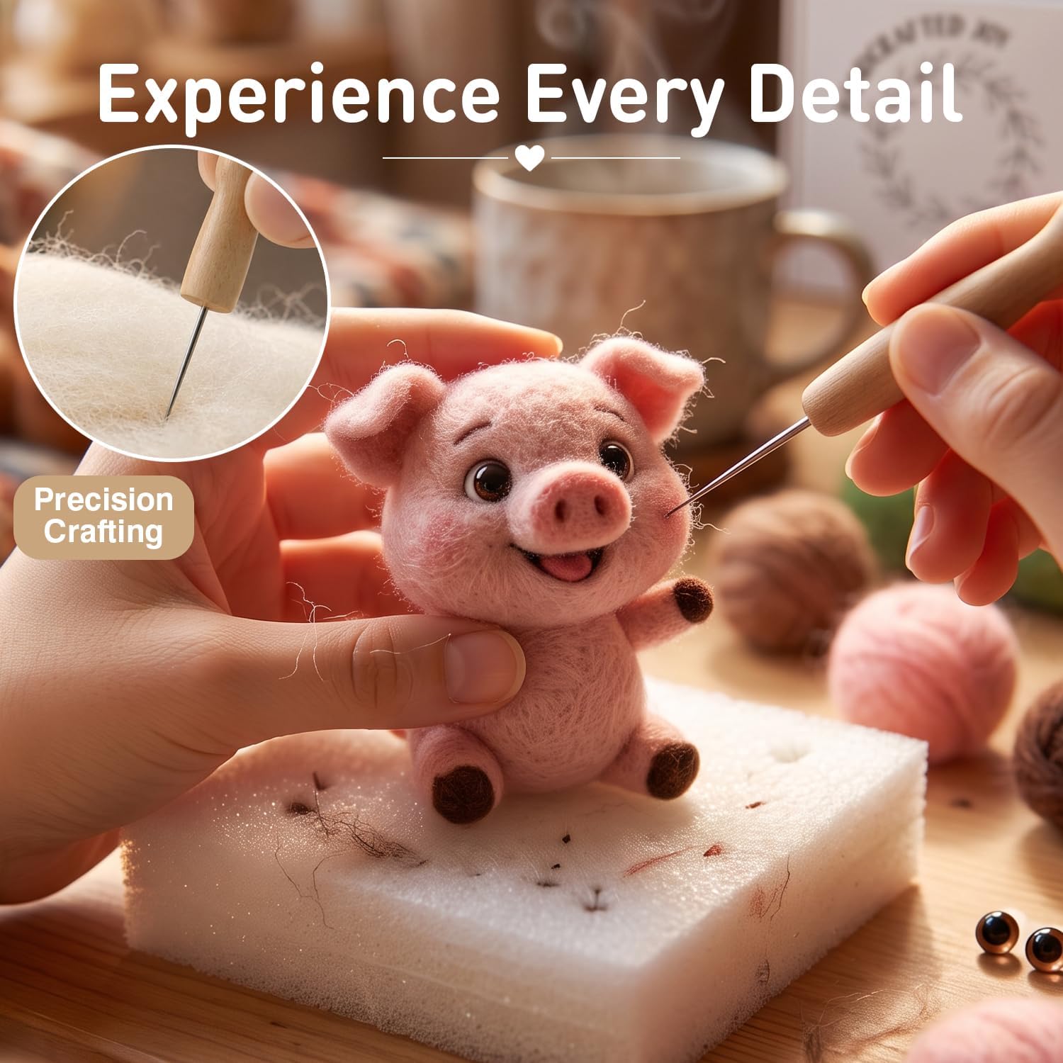 DIY Needle Felting Kit Cute Happy Waving Pink Piglet – Needle Felting Starter Kit with Fiber Roving, Needles, Felting Pad & Instructions | Felted Farm Animal Kit for Beginners Adults | DIY Craft Gift