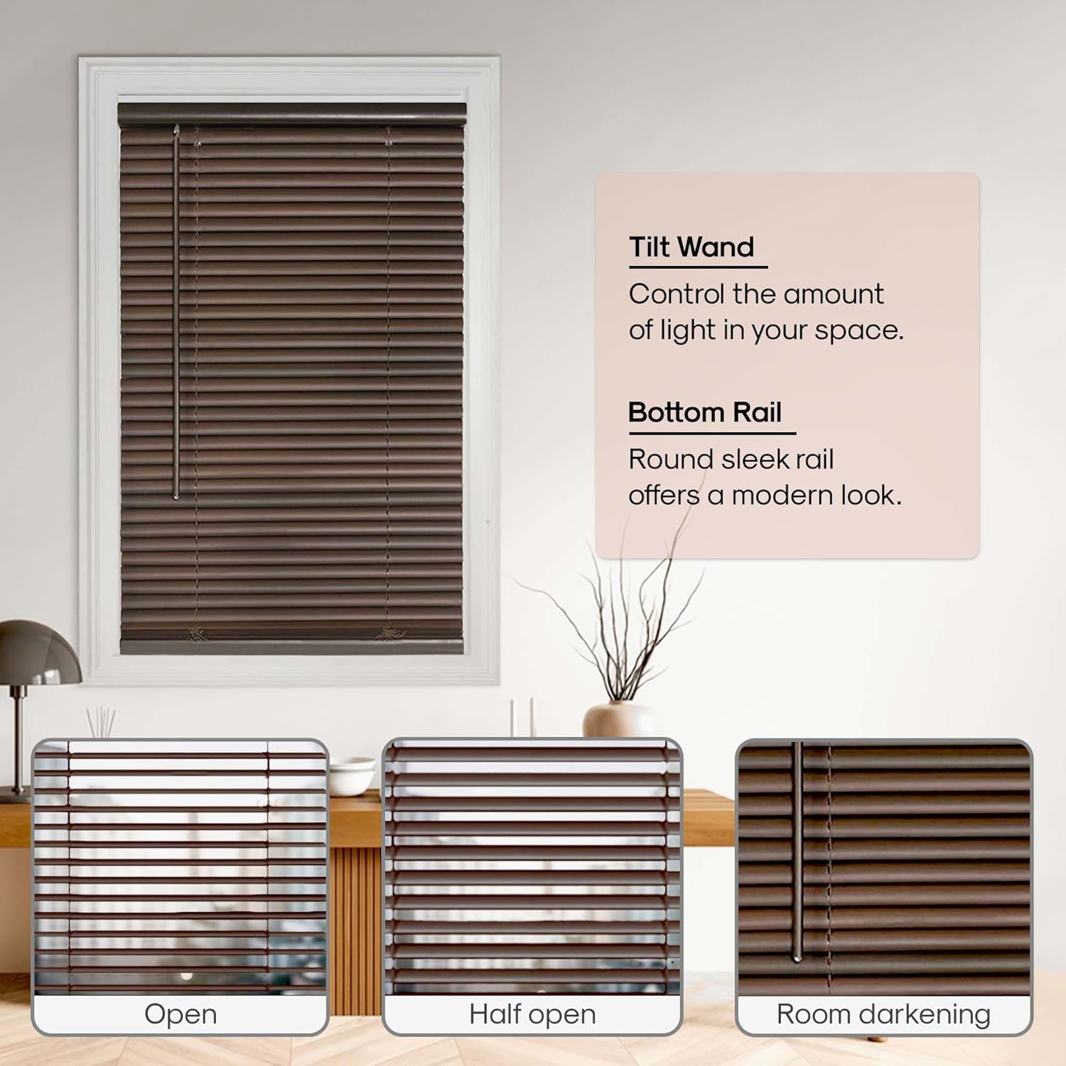 PowerSellerUSA 1" Vinyl Slats Room Darkening Cordless Window Blinds, 64L x 46W Inches Manual Operation Mode Blackout Privacy Blind, Solid Pattern Ceiling-Outside Mount Pull-Up Mini Blinds, Mahogany