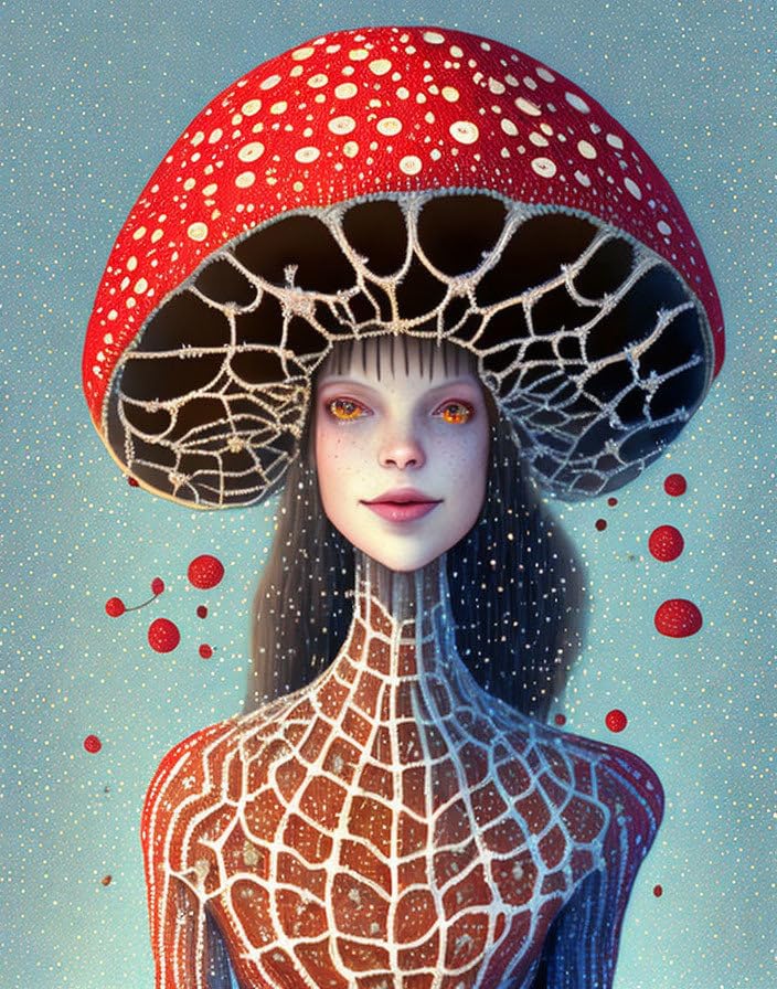 Toile portrait fille avec champignons décoration murale originale sans cadre 58x90
