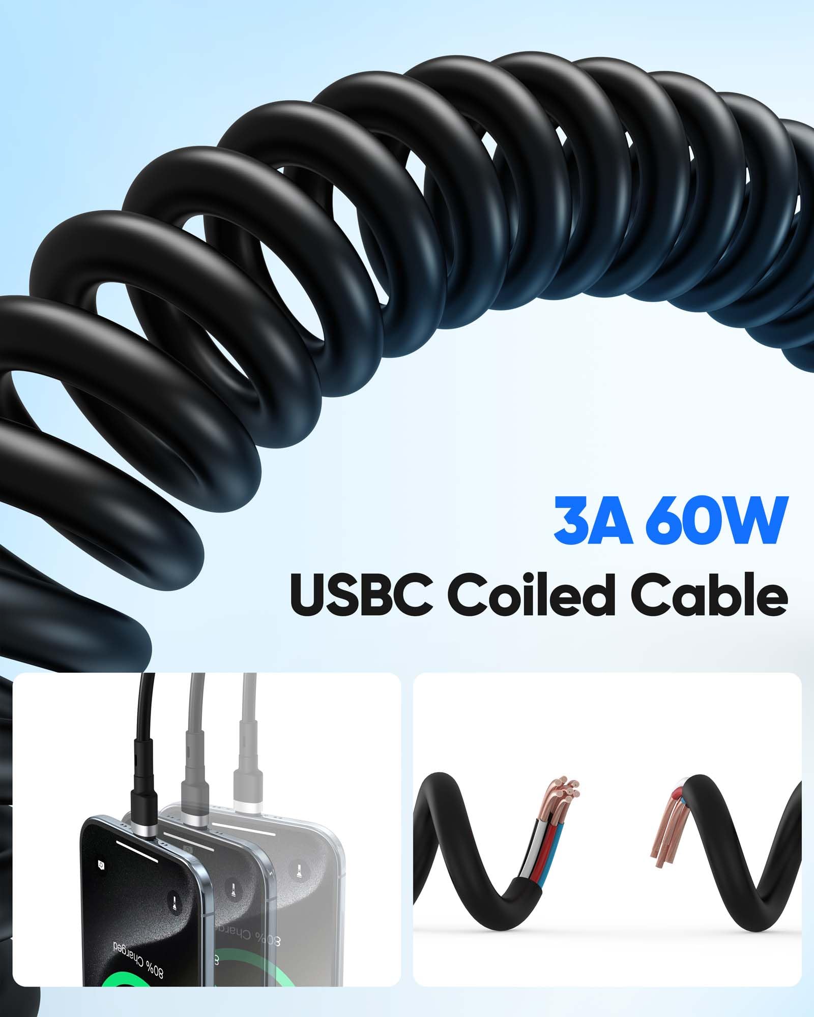 USBA-auf-USBC-Spiralkabel, 1,8 m, mehrfarbig, Kfz-Ladekabel für Handy
