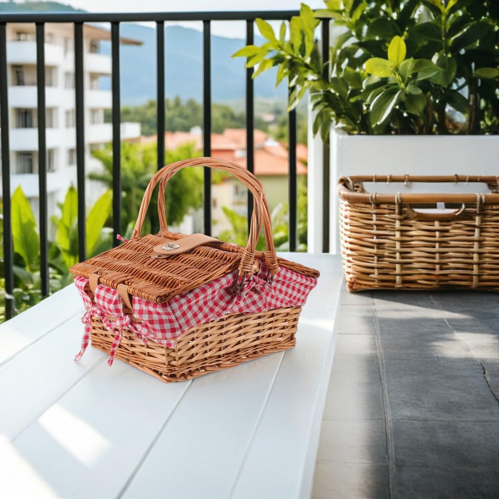 Cesta de Picnic Tejida Vintage de Mimbre con Tapa y Asas Extraíbles