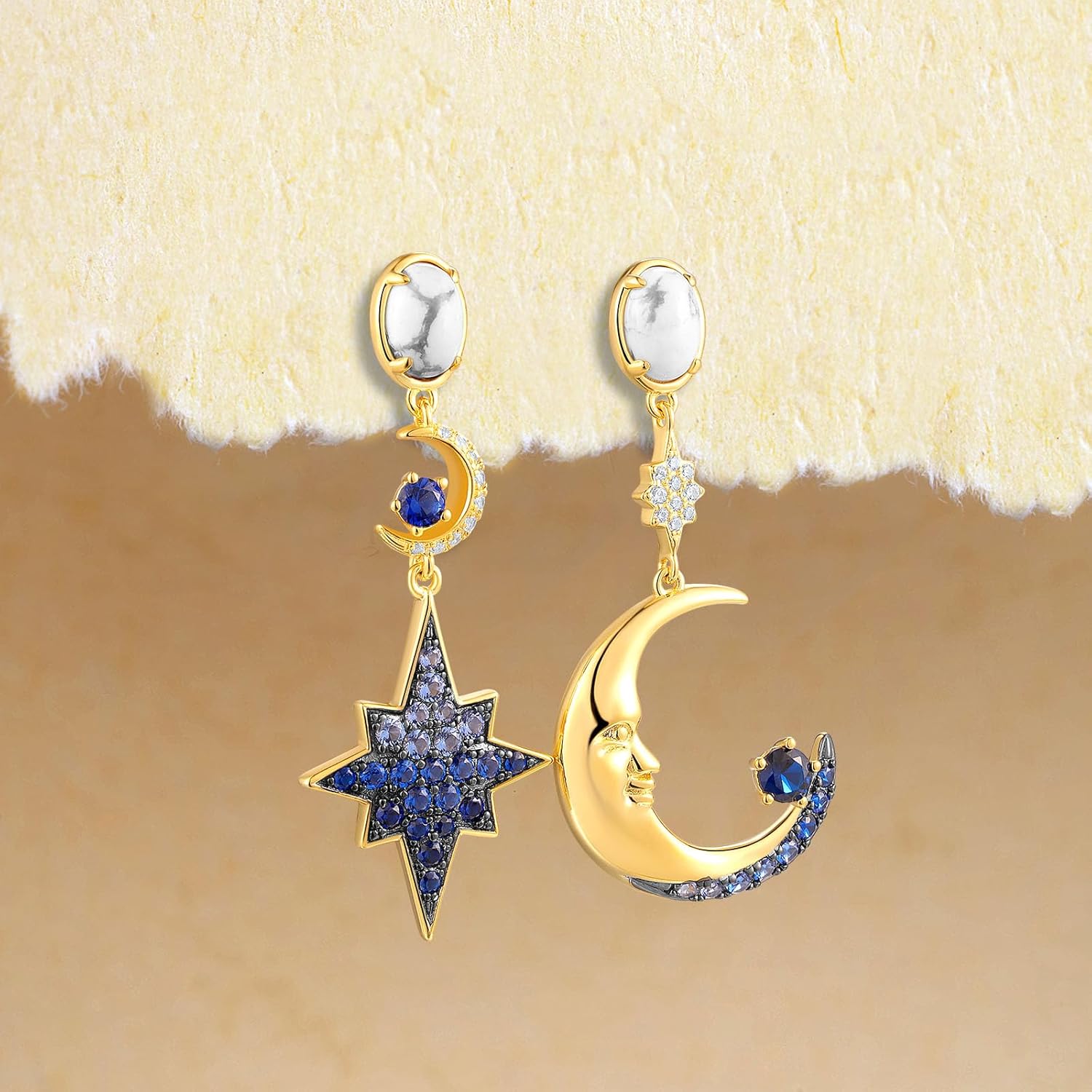 Santuzza 925 Sterling Silver Colorful Gemstone Star Moon Dangle Earrings for Women - Image 3
