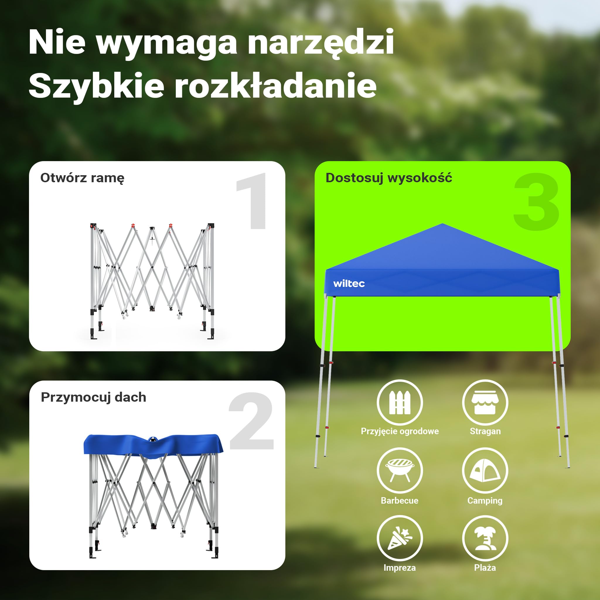 Wiltec Pawilon namiot imprezowy z zamknięciem centralnym do ogrodu wodoodporny niebieski 2,5 x 2,5 x 2,7 m