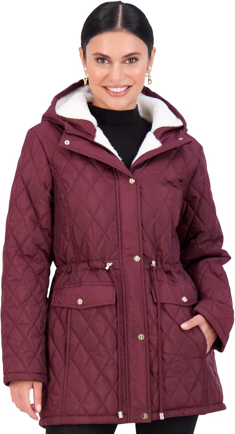 Jones NY Diamond-Quilted Jacket Anorak with Fur Lining – Winter Coats for Women, Black