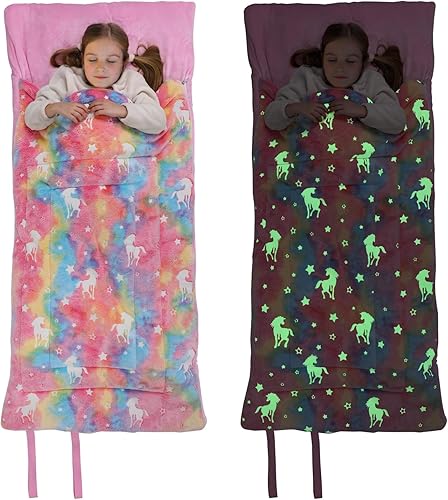 Saco de dormir para niños pequeños, 63 x 29 pulgadas, manta que brilla en la oscuridad, esponjosa con alfombrilla acolchada para niños pequeños,