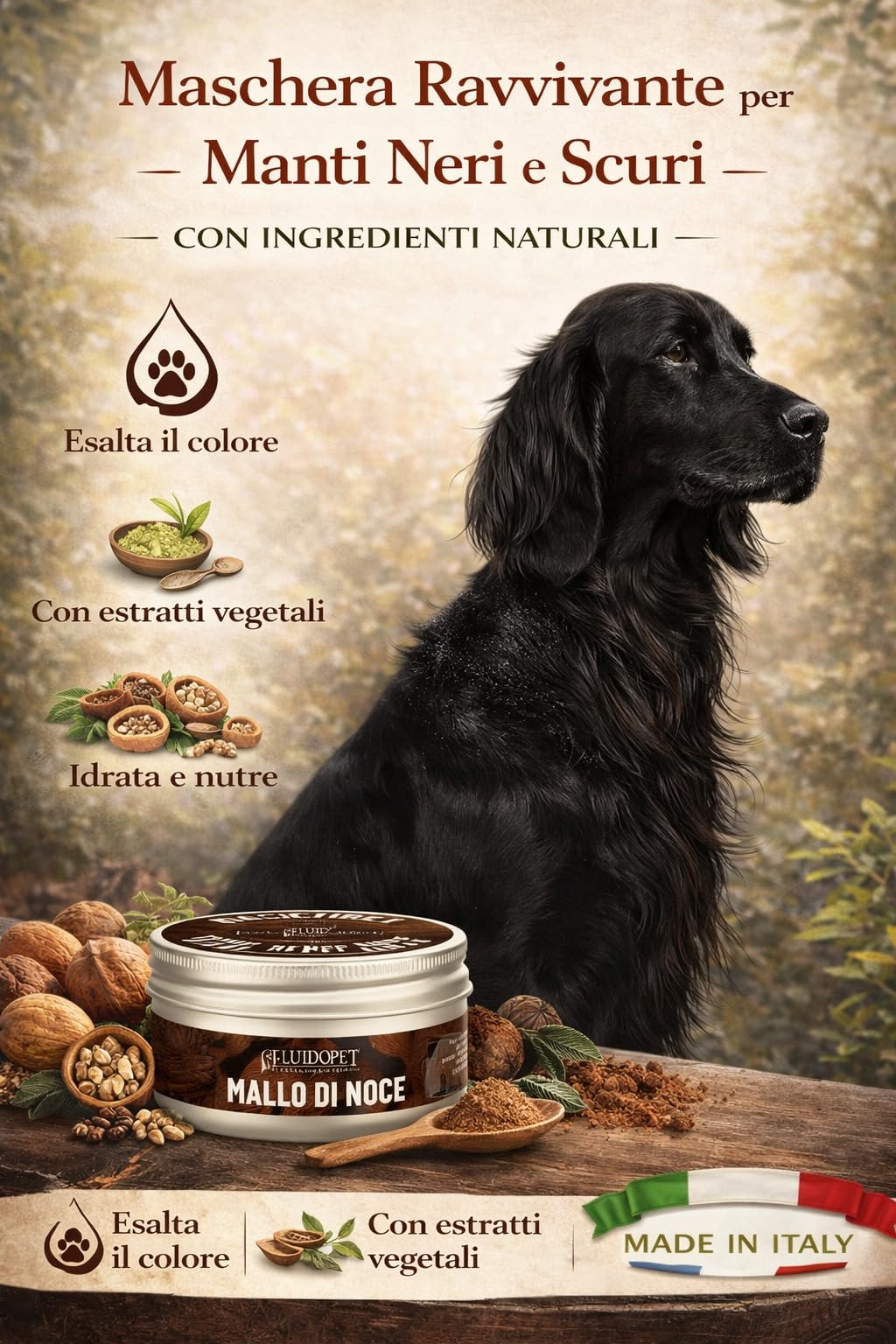 FluidoPet Mallo di Noce | Maschera Ravvivante del colore per cani con Manti Scuri e Neri 200ml (FA94)
