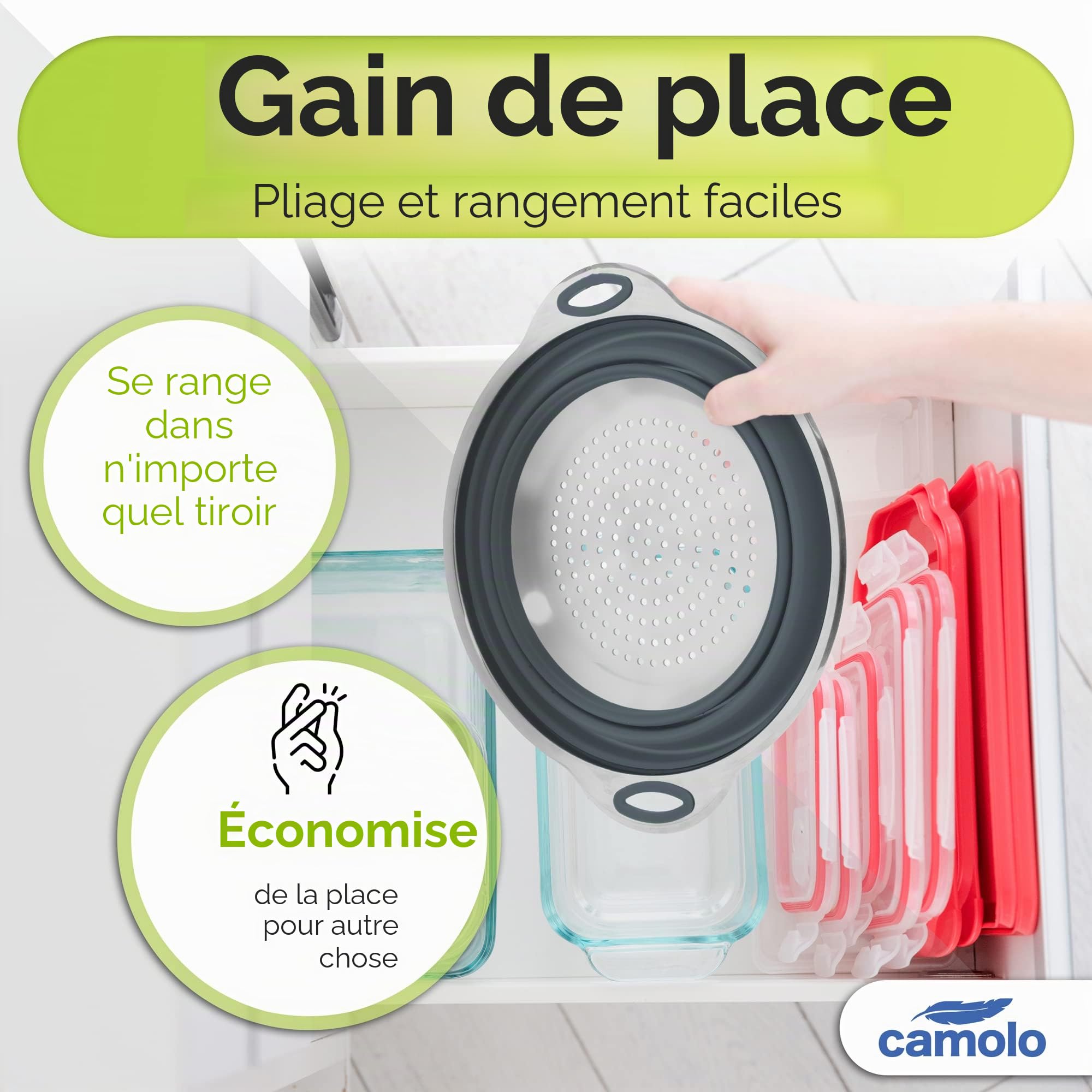 Passoire à pâtes en acier inoxydable et silicone - Pliable - Résistant à la chaleur et peu encombrant - Gris
