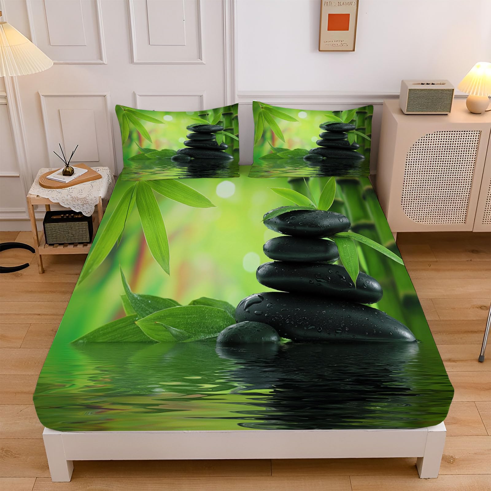 Sábana Ajustable Suave Plantas Naturales Guijarros Negros Bambú Impresión, Verde Microfibra Suave Transpirable Sábana Ajustable, 180x200cm Elástico en el Borde Bolsillo Profundo 30cm