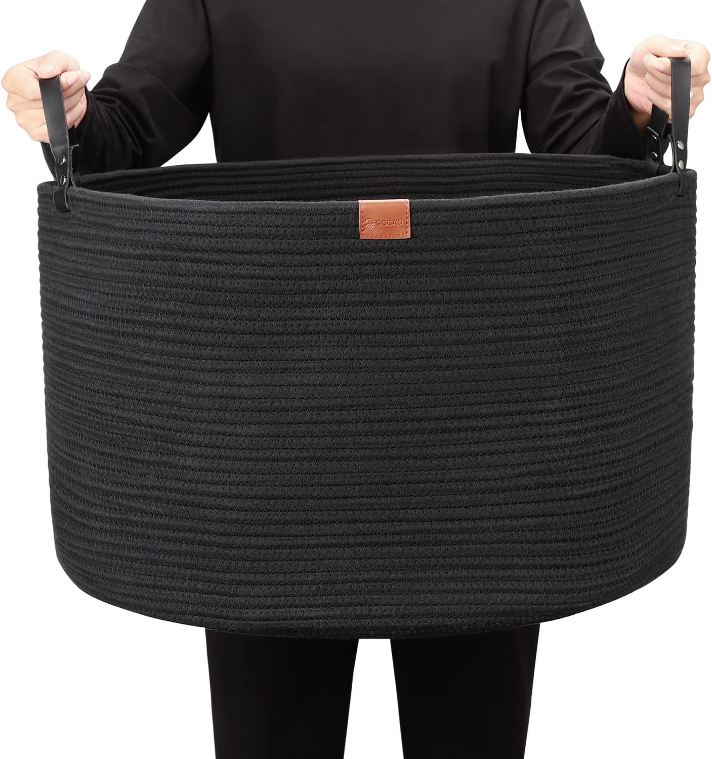 GOCAN Extra Large Storage Basket 22" X 22" X 14" Cotton Rope Woven Basket for Blanket, Toys Storage (Pure Blk)