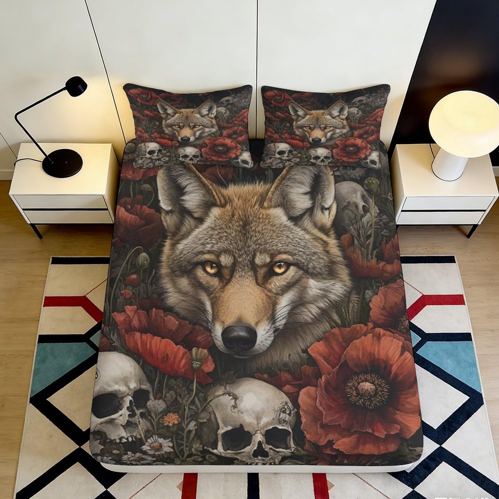 Decorative wolf motif Fitted Sheet, 3D Printed, soft touch Microfiber, skull floral design, bedroom guest room bedding, wrinkle resistant, easy care 120x200x25cm