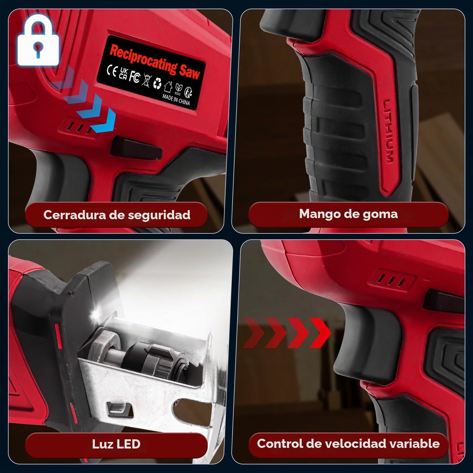 Sararoom Sierra Sable, 21V Sierra Alternativa Inalámbrica, 0-4000RPM Velocidad Variable Sierra de Sable Electrica con 2×2.0Ah Baterías y 8 Hojas, Serrucho con Luz LED para Cortar Madera Metal - Rojo