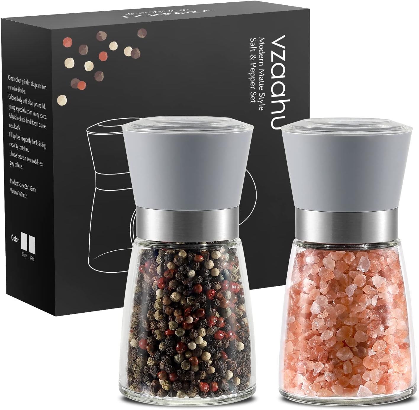 Vzaahu Macina Sale e Pepe 2 Set,con Nucleo di Ceramica,con Base di Stoccaggio,Ruvidità Regolabile,Colore Argento,per Casa Ristorante