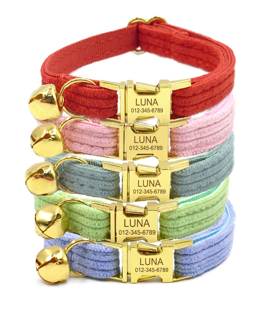 Personalized Cat Collar with Engraved Name and Phone Number - Customizable Kitten Collars for Boys and Girls (Stripe Velvet)