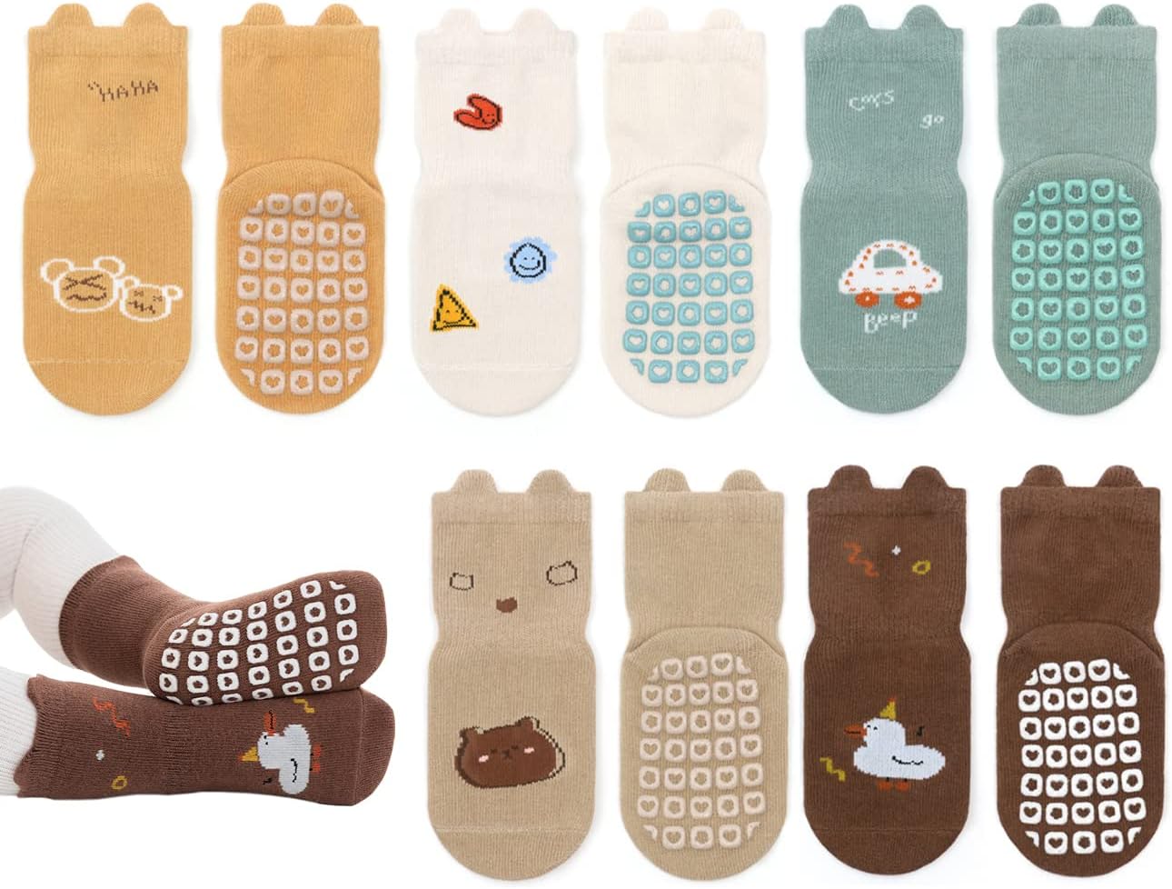Exegawe Toddler Non Slip Socks, Cute Baby Socks with Grips Crew Socks 5 Pairs