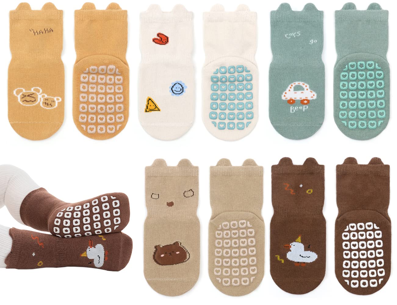 ExemabaBaby Socks with Grips for Girls Boys 5 Pairs Cute Animal Cartoon Toddler Kids Anti-Slip Socks