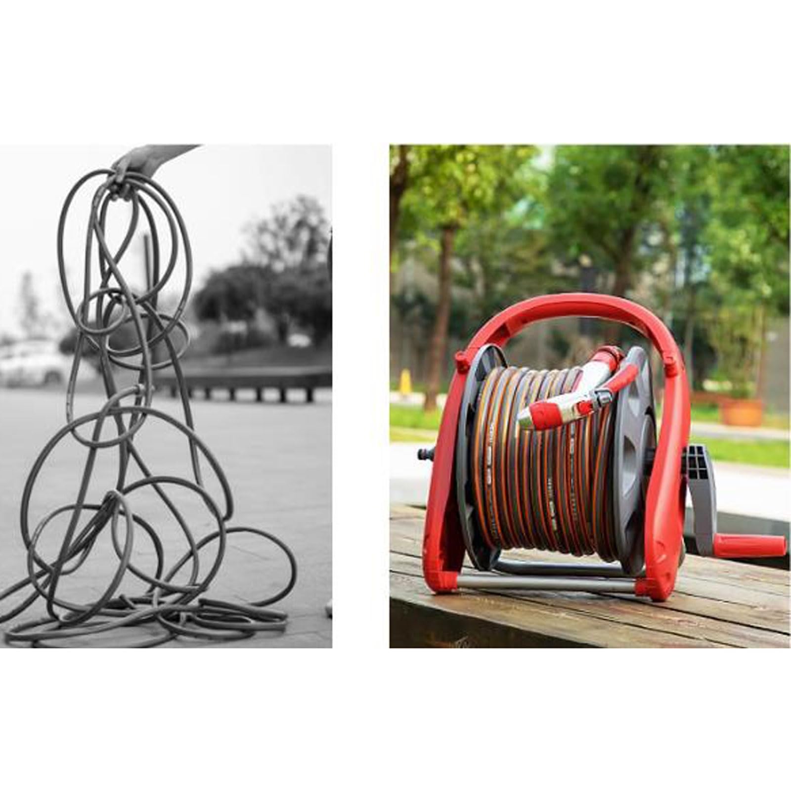 Portamangueras Compacto de jardín de 30 m/100 pies, con asa integrada, Incluye Manguera Multiusos, Accesorios y Boquilla, Ideal para riego de jardín, Lavado de Coches y Limpieza de Patios.