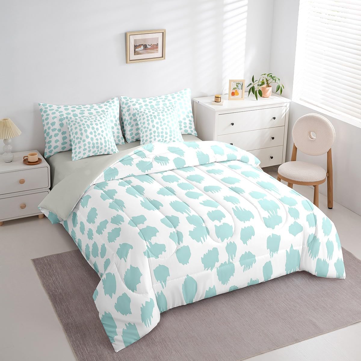 Erosebridal Teal Polka Dots Bedding Sets Abstract Geometric Spots Bed in A Bag with Sheets Turquoise Twin Comforter Set 7 Piece for Kids Teens Adults Boho Brush Stroke Bed Set Room Decor