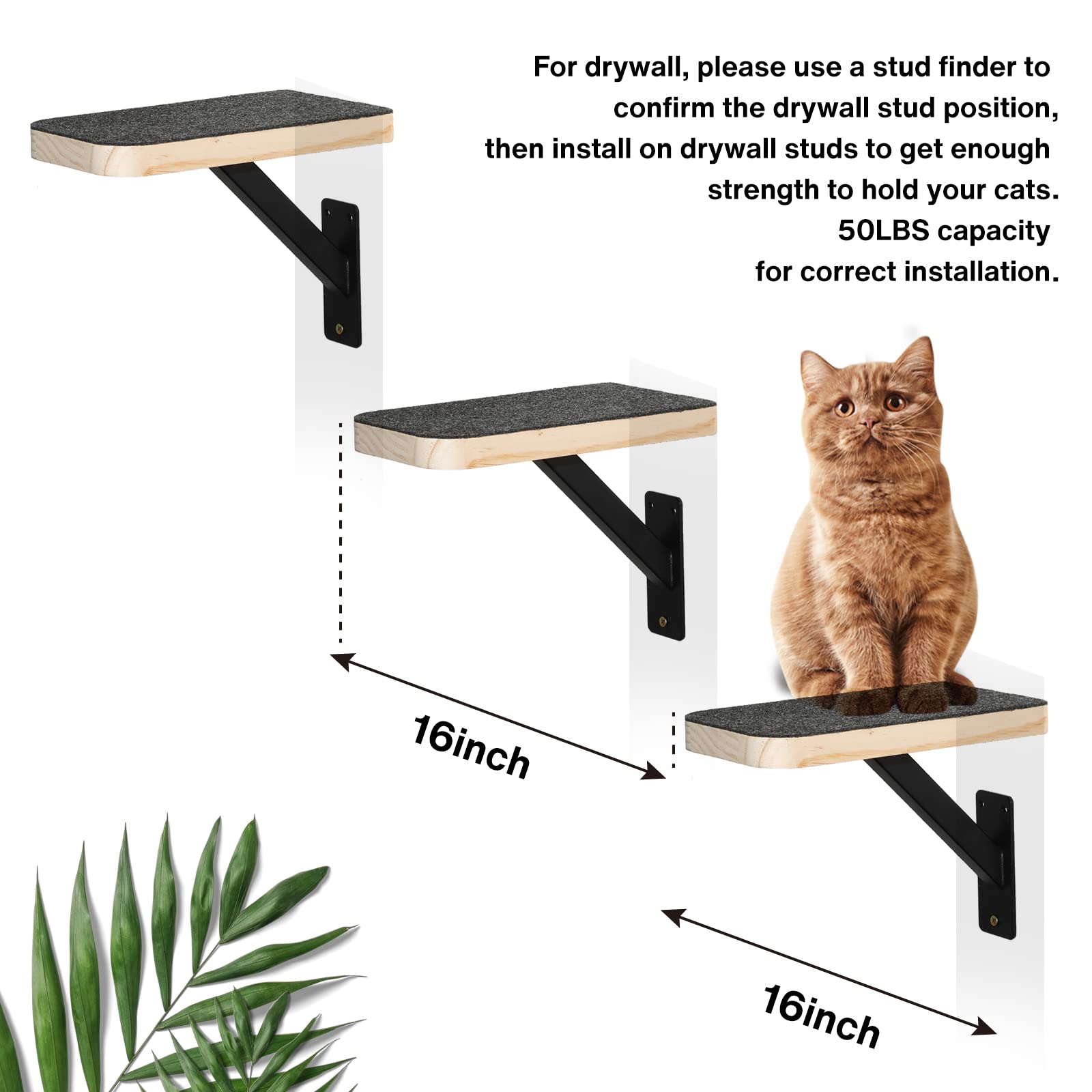 Purife Cat Hammock Wall Perch Set with 2 Steps Indoor, Wall Mounted Cat Corner Shelves & Bed with Climbing Steps, Scratching Post 3