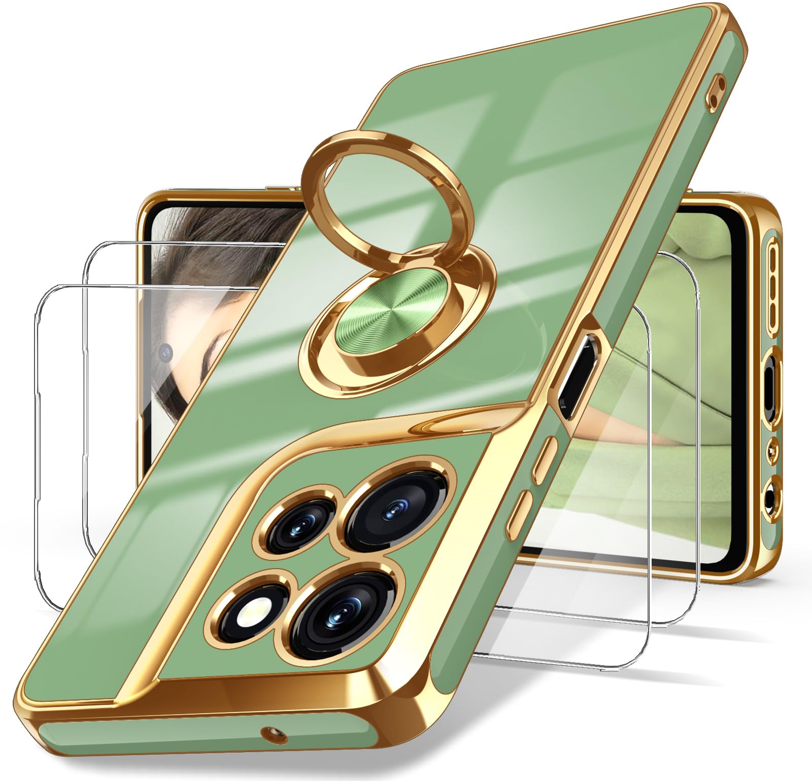 Dretal for Motorola G 5G 2025 Case, Moto G 5G 2025 Case,2X Screen Protector, 360° Rotatable Ring Holder Magnetic Kickstand,Plated Gold Edge Slim Soft