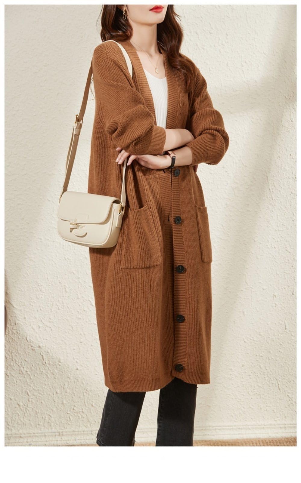 Cárdigan Largo de Punto para Mujer, Cárdigan Largo con Botones Delanteros Abiertos Y Bolsillos de Lana Mezclada para Otoño E Invierno, Chaqueta de Punto Cálida, Suéter, Ropa de Abrigo.