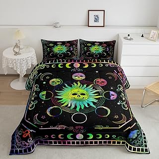 Boho Sun Bedding Sets Queen Moon and Stars Comforter Set Gothic Skull Bedding Sets & Collections Hippie Cosmos Nebula Down Comforter Black Trippy Outer Space Bed Sets for Kids Bedroom 3pcs