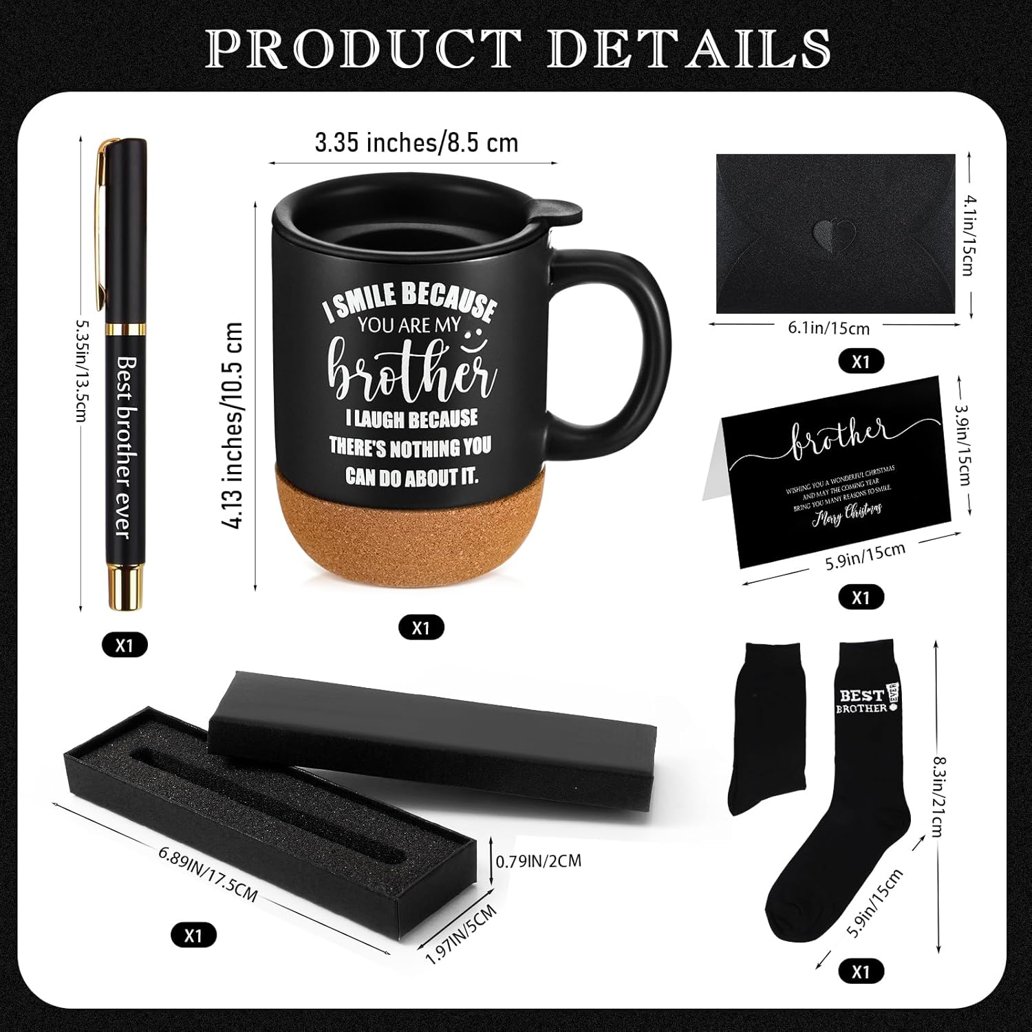 ReliThick 6 Pcs Christmas Brother Gifts from Sister Included I Smile Because You're My Brother 13.5 oz Coffee Mug Socks Ballpoint Pen with Pen Box Greeting Card Fathers Day Birthday Gifts for Brothers - Image 2