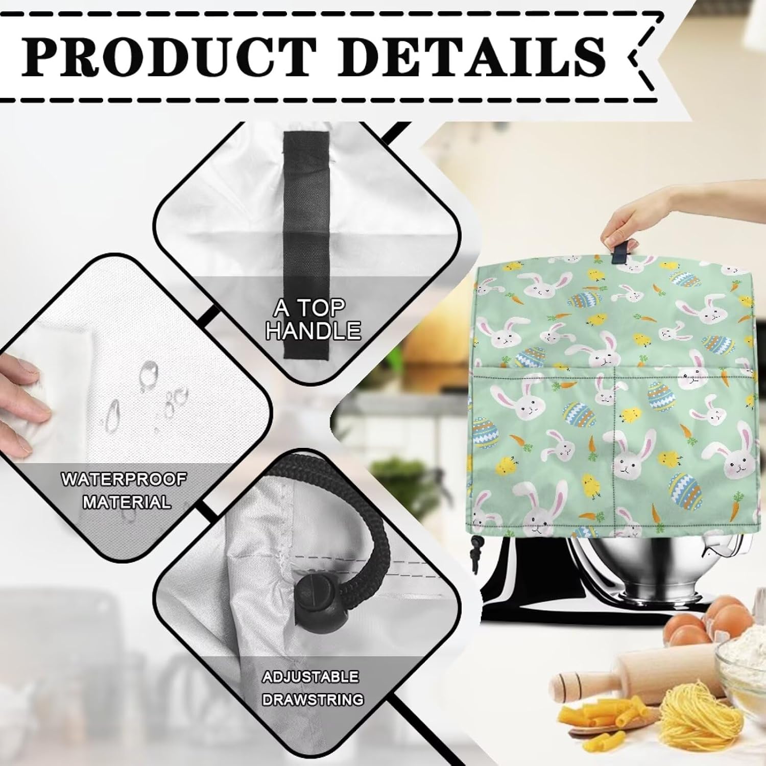 Kitchen Mixer Dust Cover, Spring Holiday Stand Mixer Cover with Adjustable Drawstring and Front Pockets Compatible with 6-8 Quart Stand Mixer Easy to Clean, Easter Egg Bunnny Chick Print