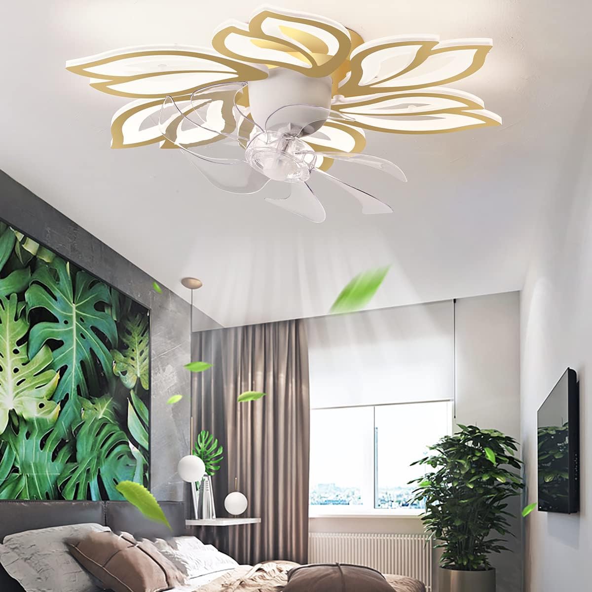 YUEGOO Ceiling Fans with Lamps,Ceiling Fan with Lights Led Lighting, Mute Fan Ceiling Light, 72W Dimmable Ceiling Lamp for Living Room Bedroom Dining Room, 360° Shaking Head/D