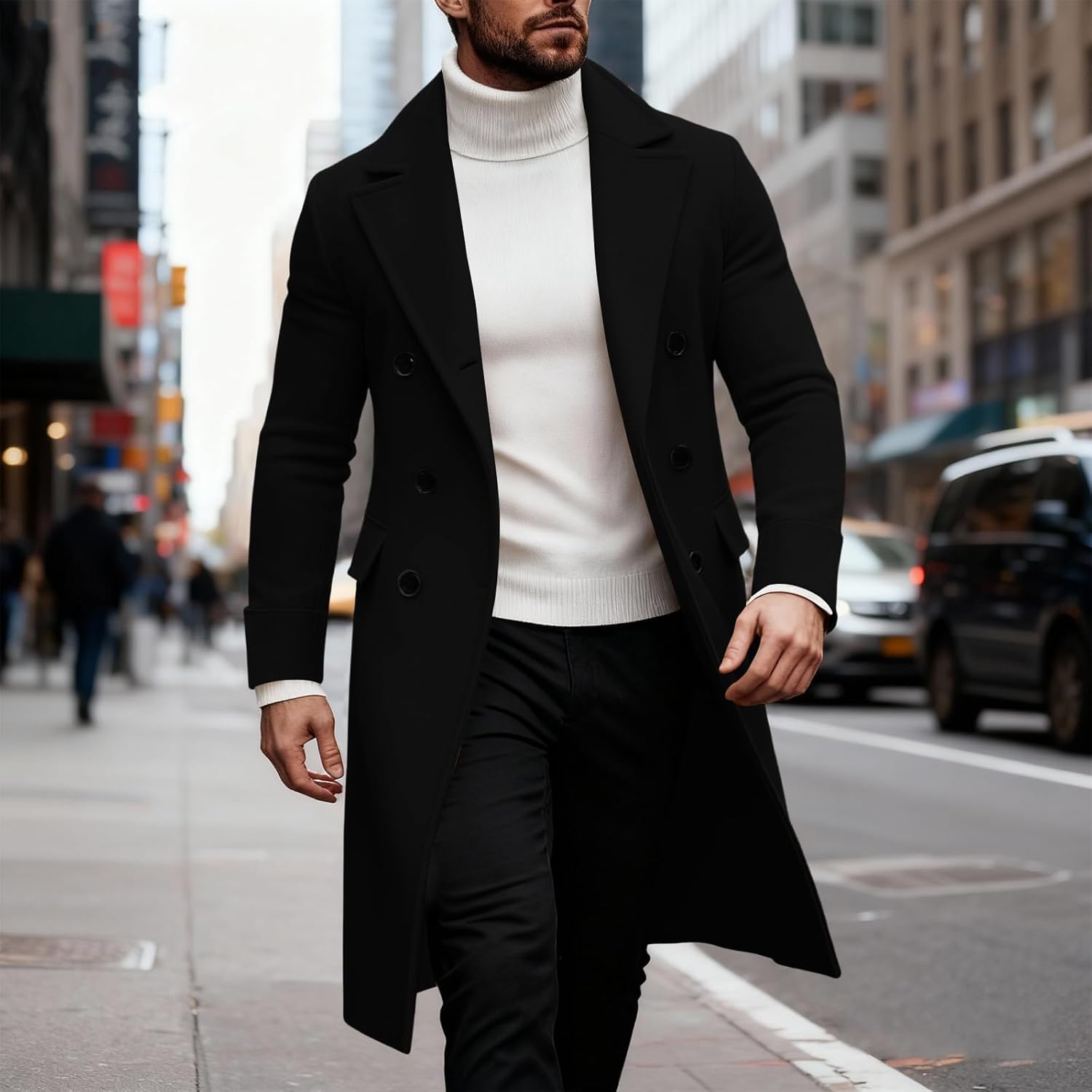 Ymosrh Men's Casual Trench Coat Notched Collar Long Jacket Overcoat Double Breasted Pea with Pockets, M-3XL - Image 4