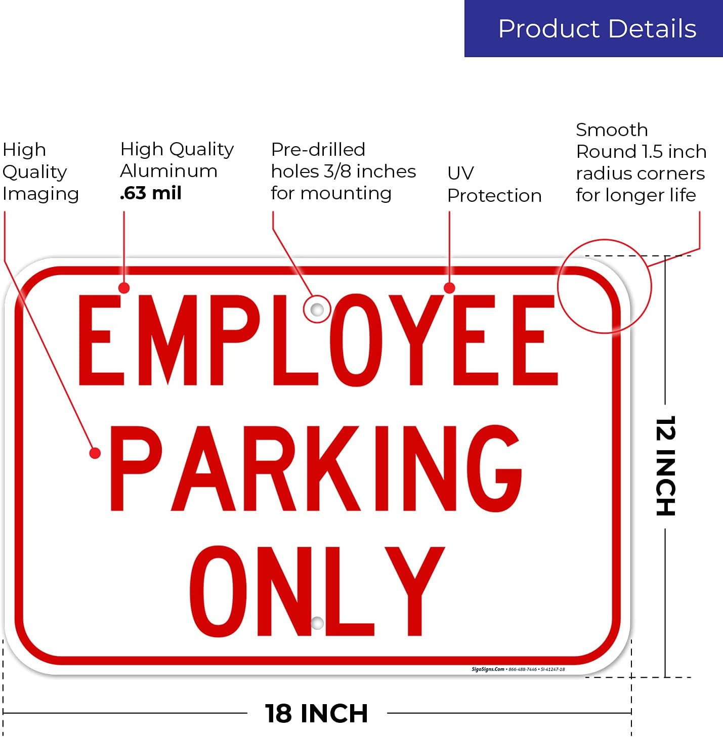 Employee Parking Only Red Sign, 12x18 Inches, Rust Free .063 Aluminum, Fade Resistant, Made in USA