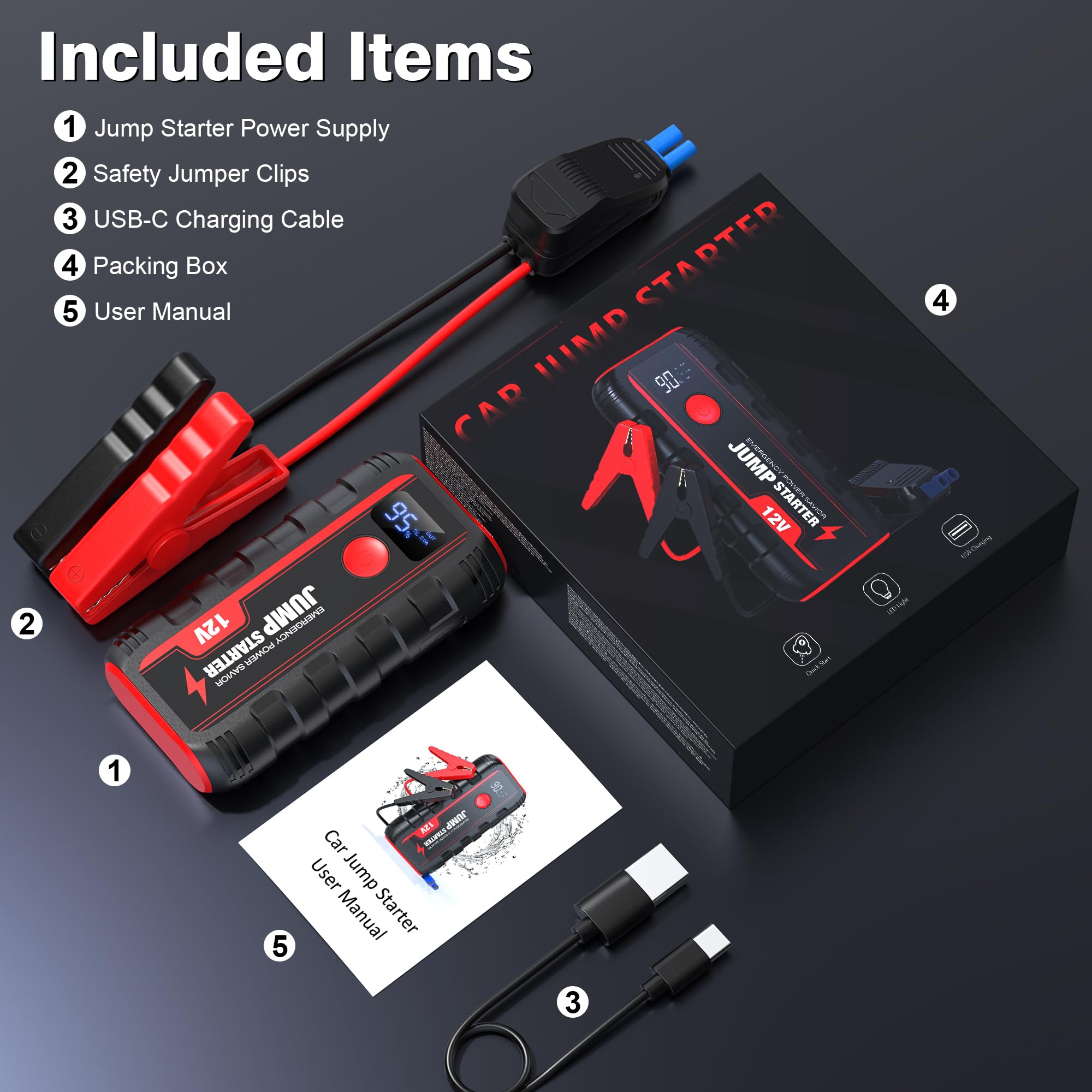 Booster Avviamento Auto Avviatore Batteria - Portatile Moto Emergenza Jump Starter Buster Professionale avviatore Motori 12 V 2000A 13200Mah Adatto per Benzina da 6L e Diesel 5L