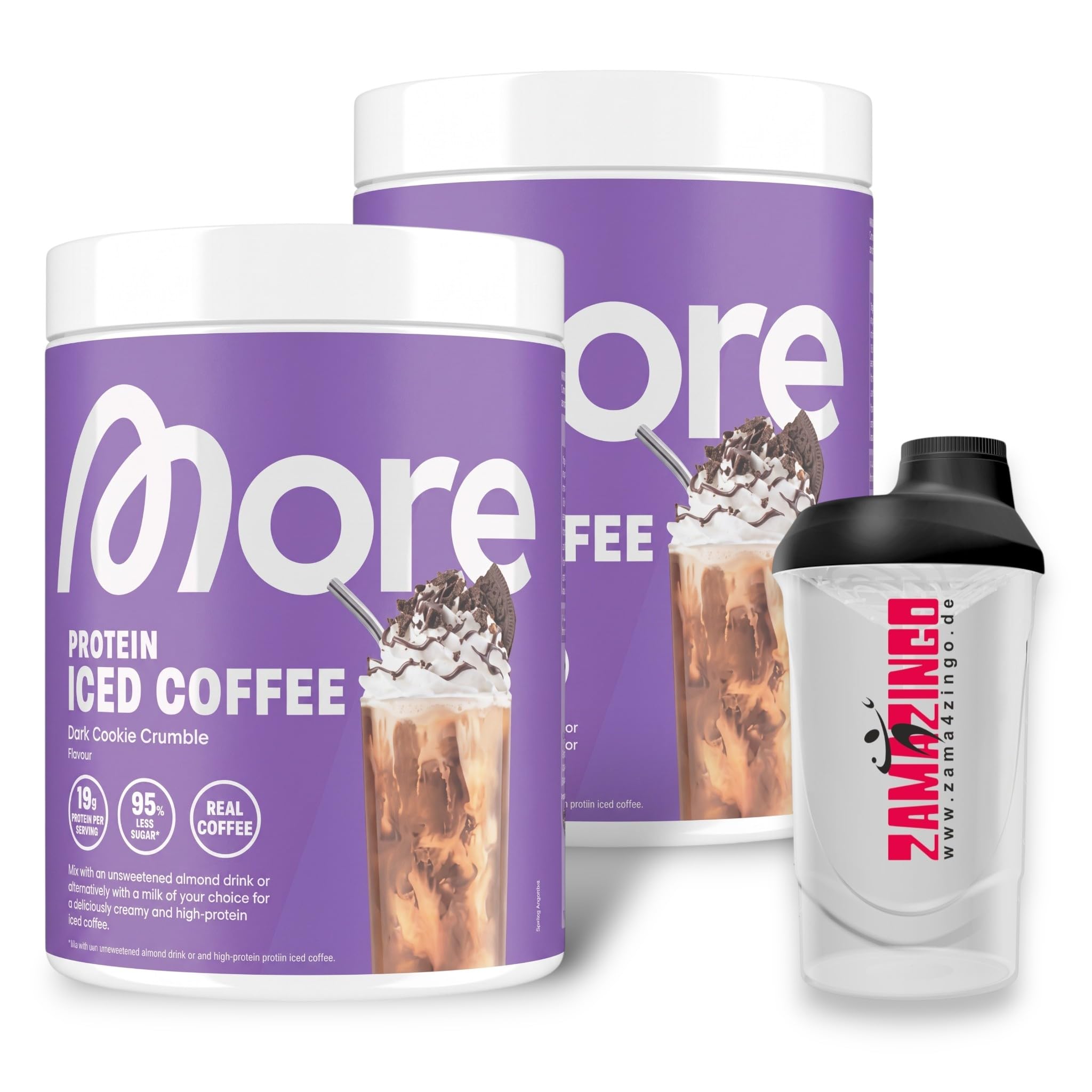 More Protein Iced Coffee Dark Cookie Crumble 300g (2er Pack) | Proteinpulver Eiweisspulver für den Sommer + Gratis Zama4zingo Shaker 600ml