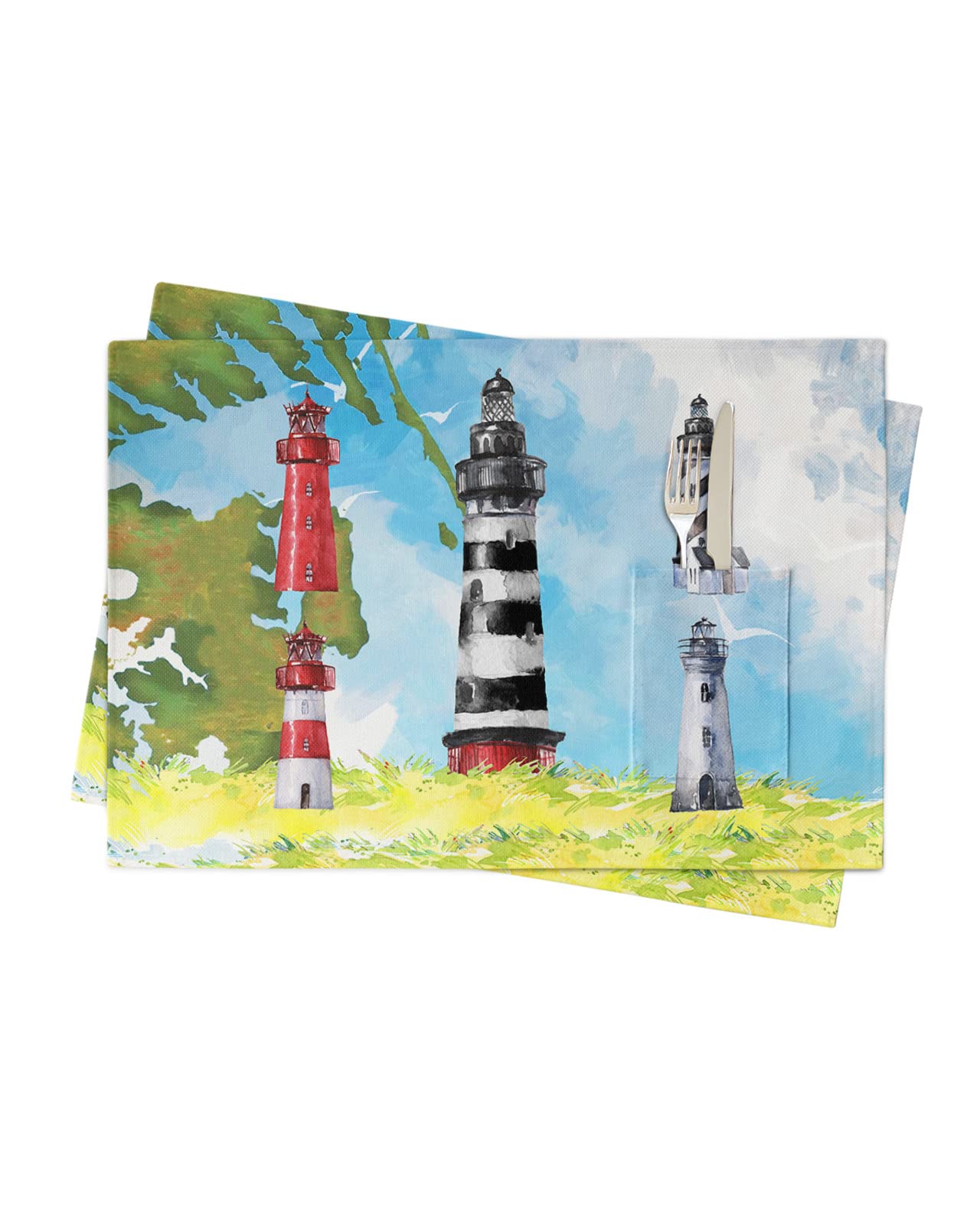 Summer Light-House Table Placemats for Dining Table Set of 2,Cotton Linen Cloth Kitchen Place Mats with Pocket,Burlap Square/Rectangle/Round/Oblong Table Food Mat,Tropical Ocean Sea Beach Painting Art