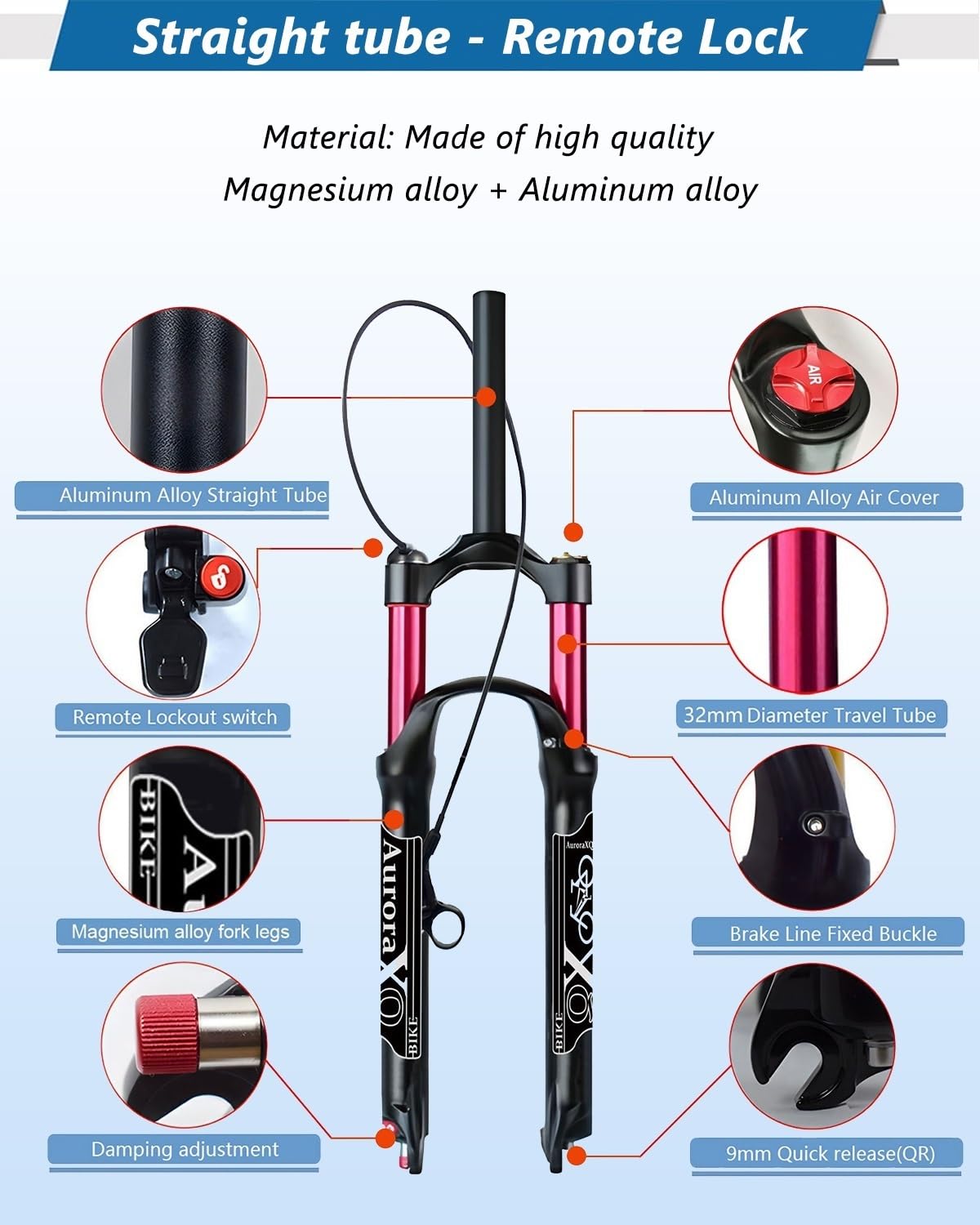 AuroraXQ Amortyzator Powietrzny MTB 140mm, 26/27.5/29 Cala z Regulacją Odbicia, do Trail i XC Czarno-Czerwony(Straight Remote Lockout,29 cali)