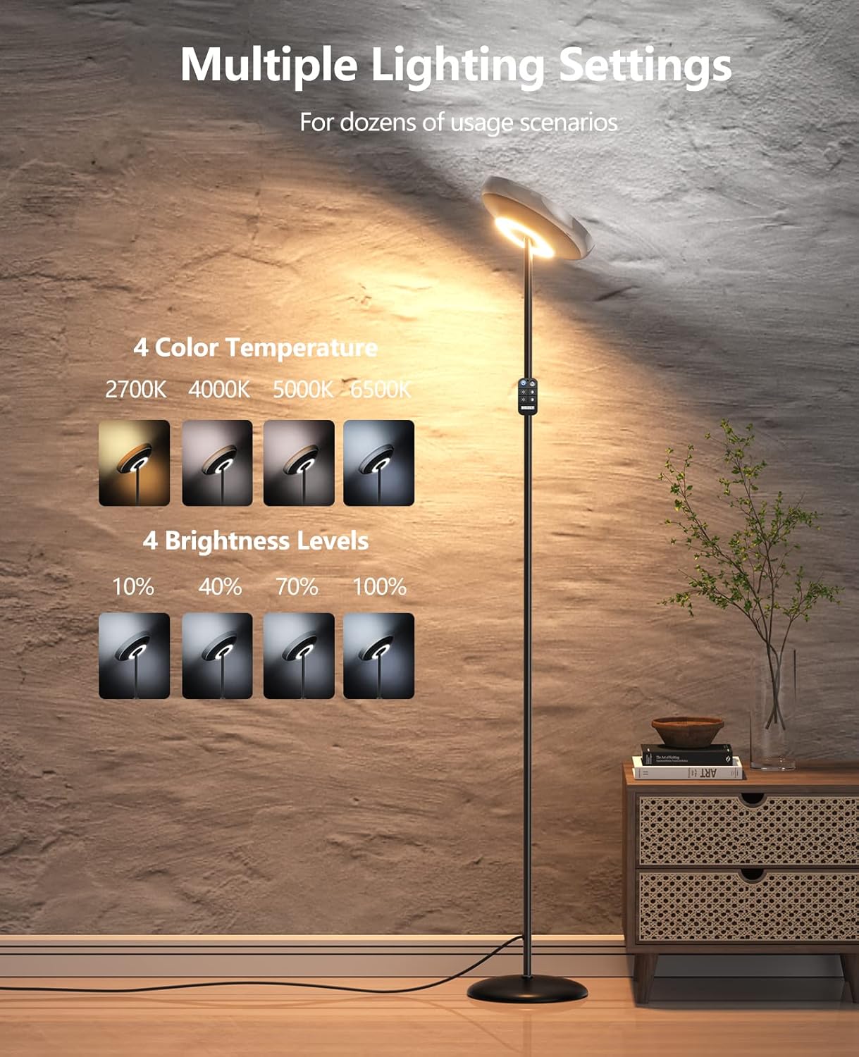 HILOLY Floor Lamp, Double Side LED Modern Torchiere Floor Lamps for Living Room 4 Color Temperatures and Brightness Standing Lamps - Adjustable Height Led Reading Lamps for Bedroom,Office