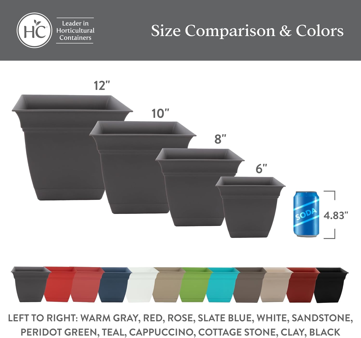 The HC Companies Eclipse Square Plastic Planter w/ Attached Saucer - Outdoor & Indoor Plant Pot with Drainage Holes - Lightweight, UV-Resistant Plastic Pots For Plants (12" Warm Gray, Pack of 1)