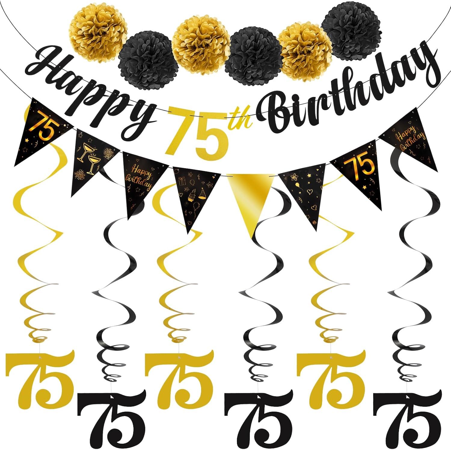TOBATOBA 75th Birthday Decorations Kit for Men Women, Black Gold Happy 75th Birthday Banner, Triangle Flag Banner 75th Birthday Party Decorations, Swirl Streamers Paper Pompoms Party Supplies