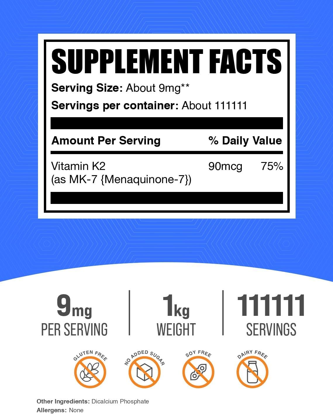 BulkSupplements.com Vitamin K2 Powder - Vitamin K2 MK-7, as Menaquinone Powder - K2 Vitamin Supplement for Wellness, Gluten Free, 9mg per Serving, 1kg (2.2 lbs) (Pack of 1)