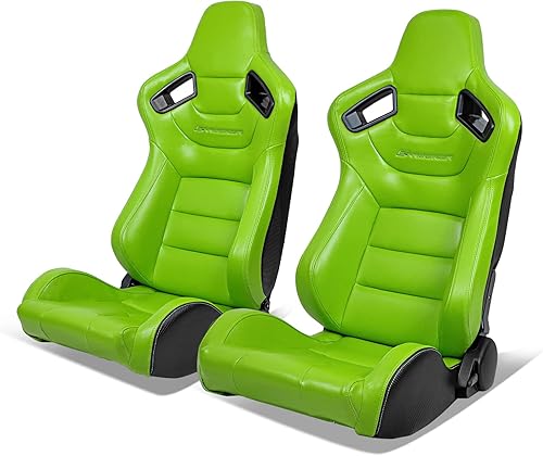 IKON MOTORSPORTS, Asientos universales de carreras con deslizadores dobles, asientos deportivos reclinables de poliuretano verde y cuero de carbono,