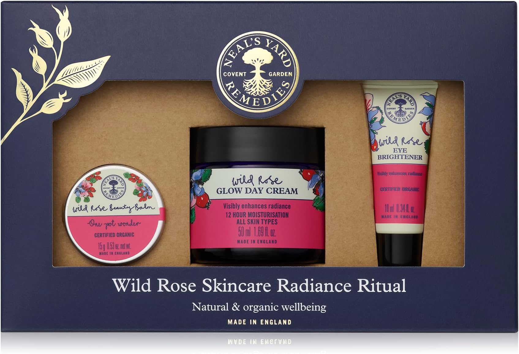 Neal's Yard Remedies Wild Rose Glow Skincare Collection, Skincare Set, Glow Cream, Eye Brightener & Beauty Balm, Vegan & Cruelty-Free