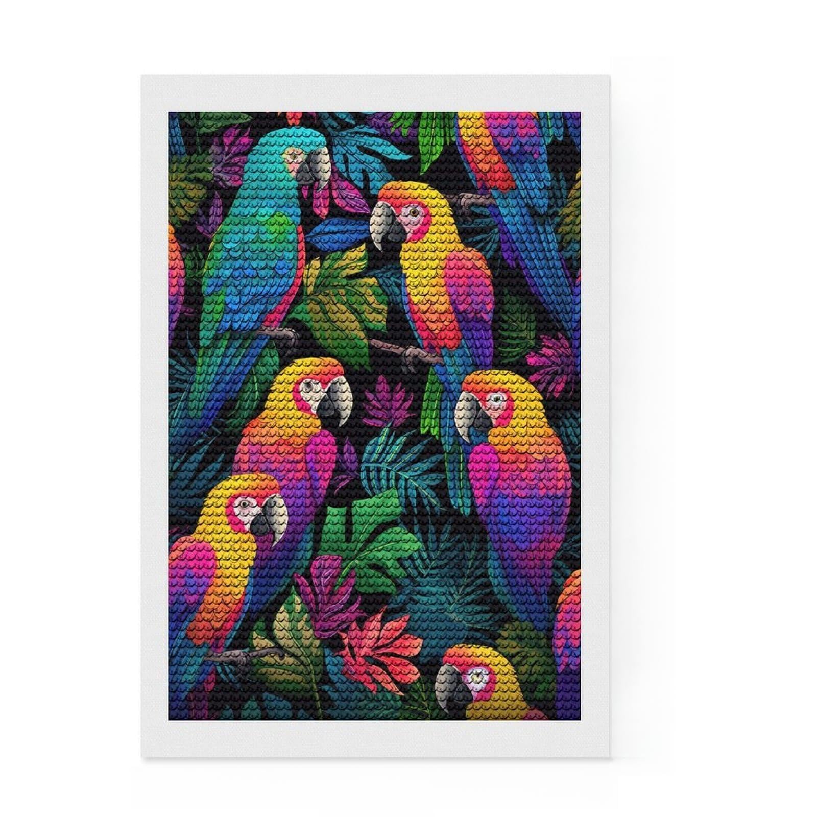 Junmoney Macaw Gathering Diamond Painting Set 8"x12", Fun Craft Experience, Complete Accessories, Office Decor, Gift Idea, with Tool Kit
