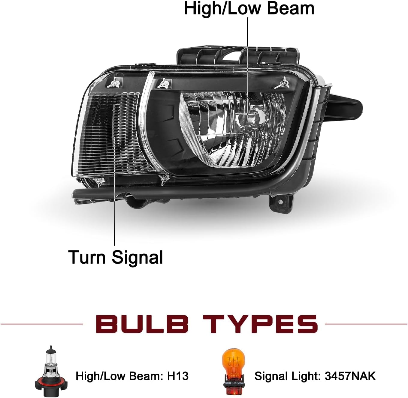 JSBOYAT Halogen Headlight Assembly Replacement for Chevy Camaro 2010 2011 2012 2013 Factory Style Bulbs Included Driver and Passenger Side, Black Housing with Clear Reflector