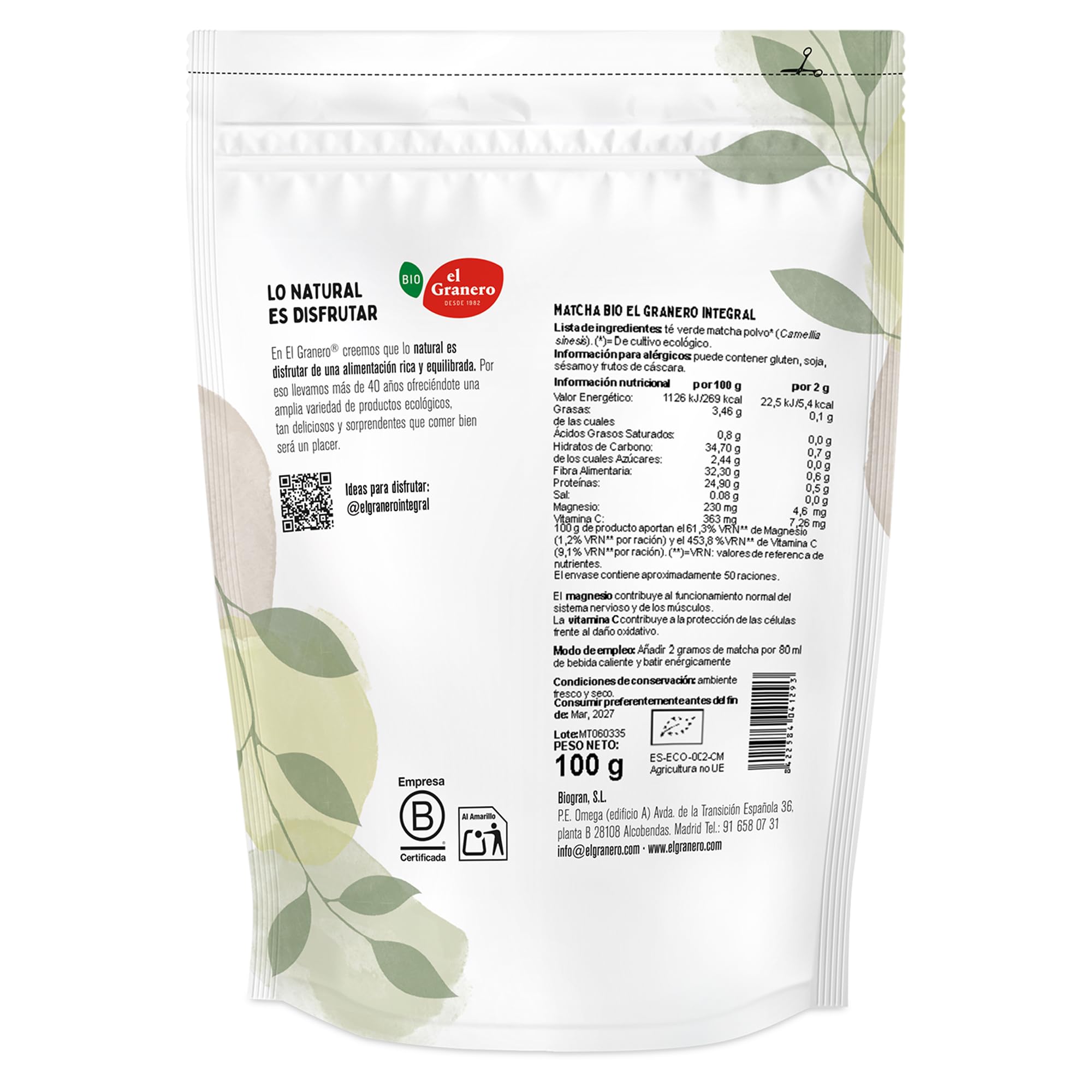 El Granero Integral - Matcha Ecológica - 100 g - Apto para Veganos - Regulador Hormonas - Fuente de Vitamina C y Magnesio - Propiedades Antioxidantes - Ideal para Preparar un Delicioso Té Matcha