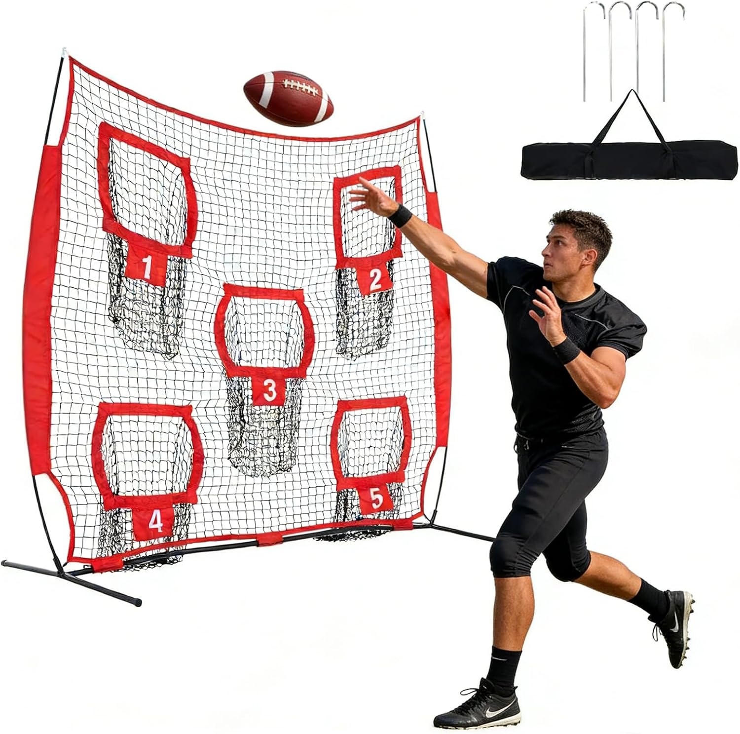 7x7ft Football Throwing Net Football Target Quarterback Training Equipment with 5 Targets Great for Quarterback & Youth Practice Includes Compact Carrying Bag